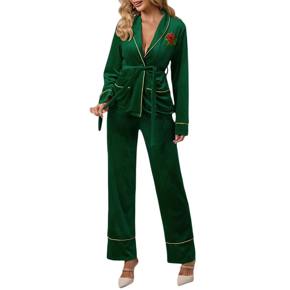 Women 2 Piece Pajamas Set, Button Up Belted Tops + Pants Set