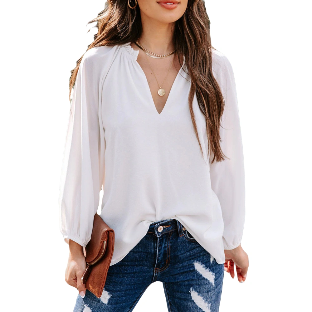 Women T-Shirt, Elegant Long Sleeve V-neck Solid Loose Fall Blouse