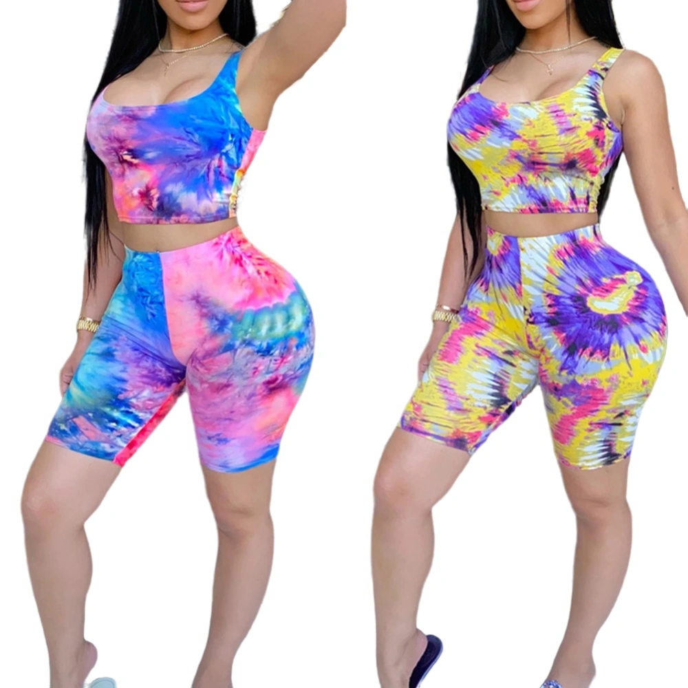 Women's Gradient Color Sports Set, Skinny Strap Top + Colorful Shorts