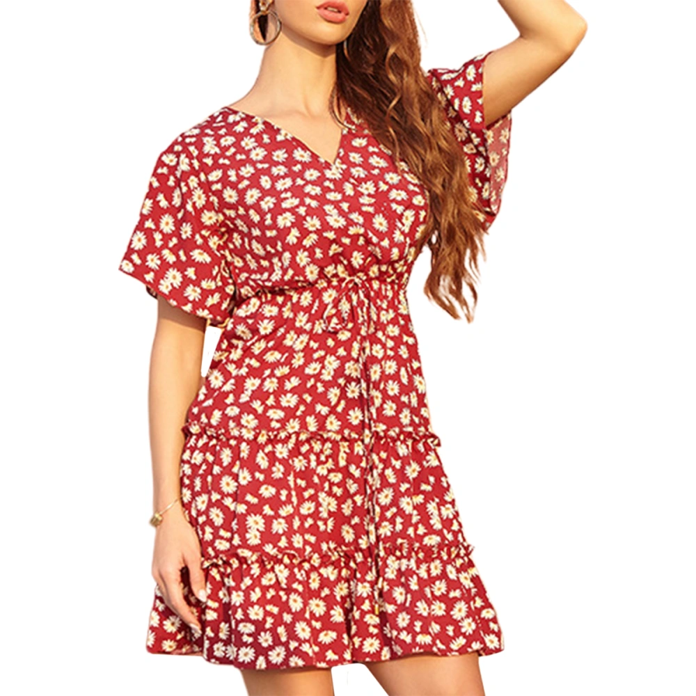 Women's Sexy Short Sleeve Dress, High Waist V-neck One-piece