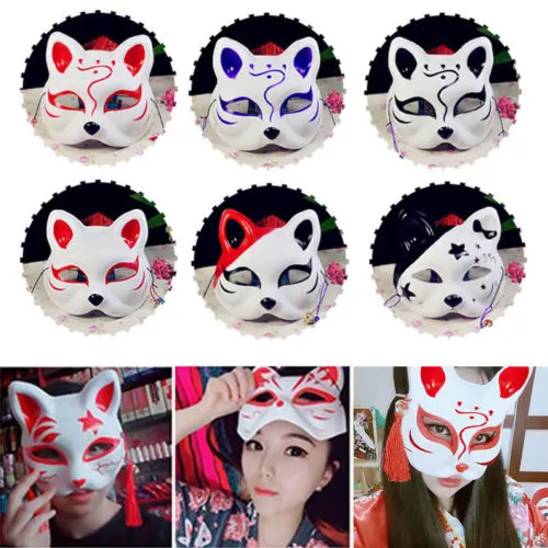 Hand-Painted Japanese Fox Mask Half Face Masquerade Party Cosplay Costume