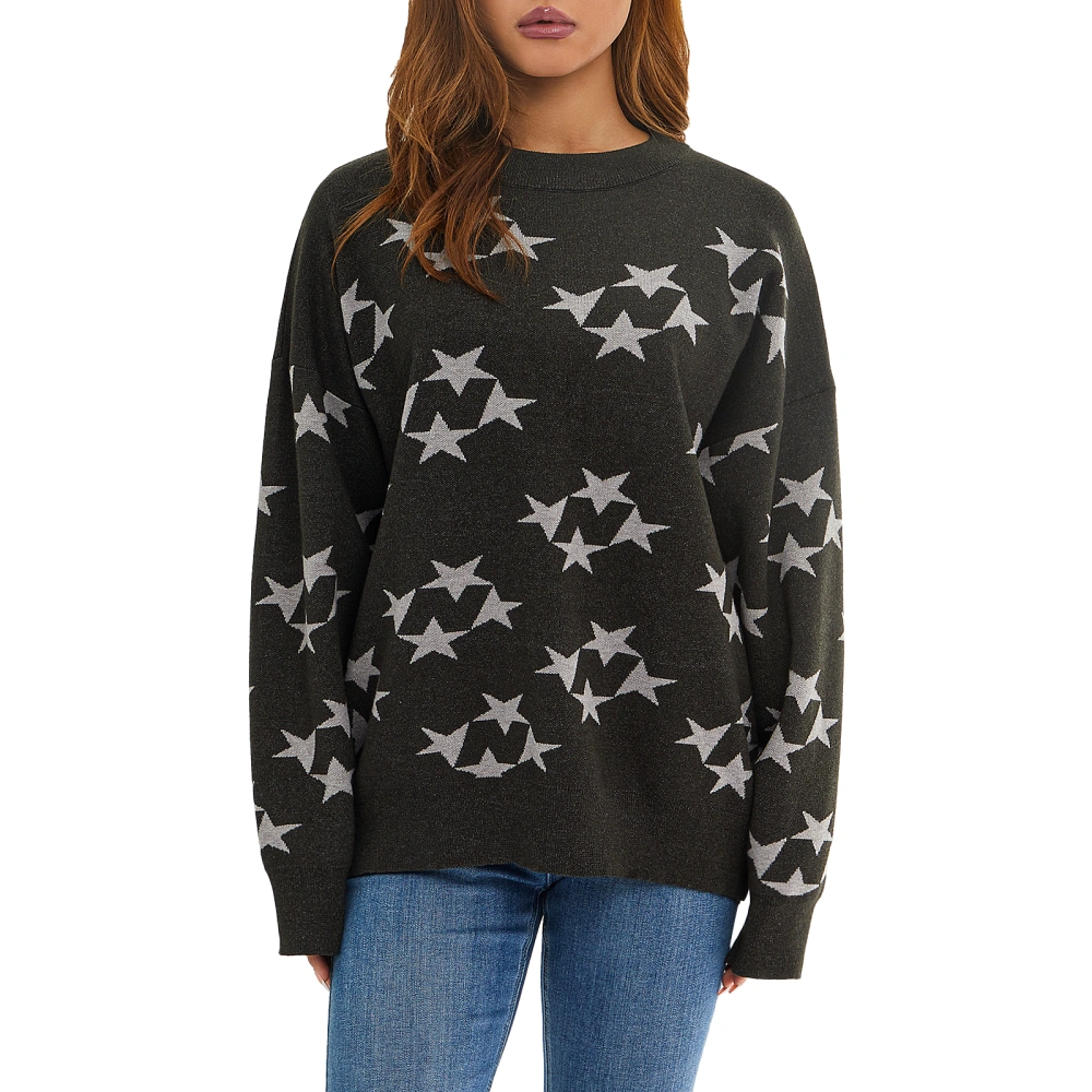 Women Fall Casual Sweater, Knitted Star Crew Neck Long Sleeve Knitwear