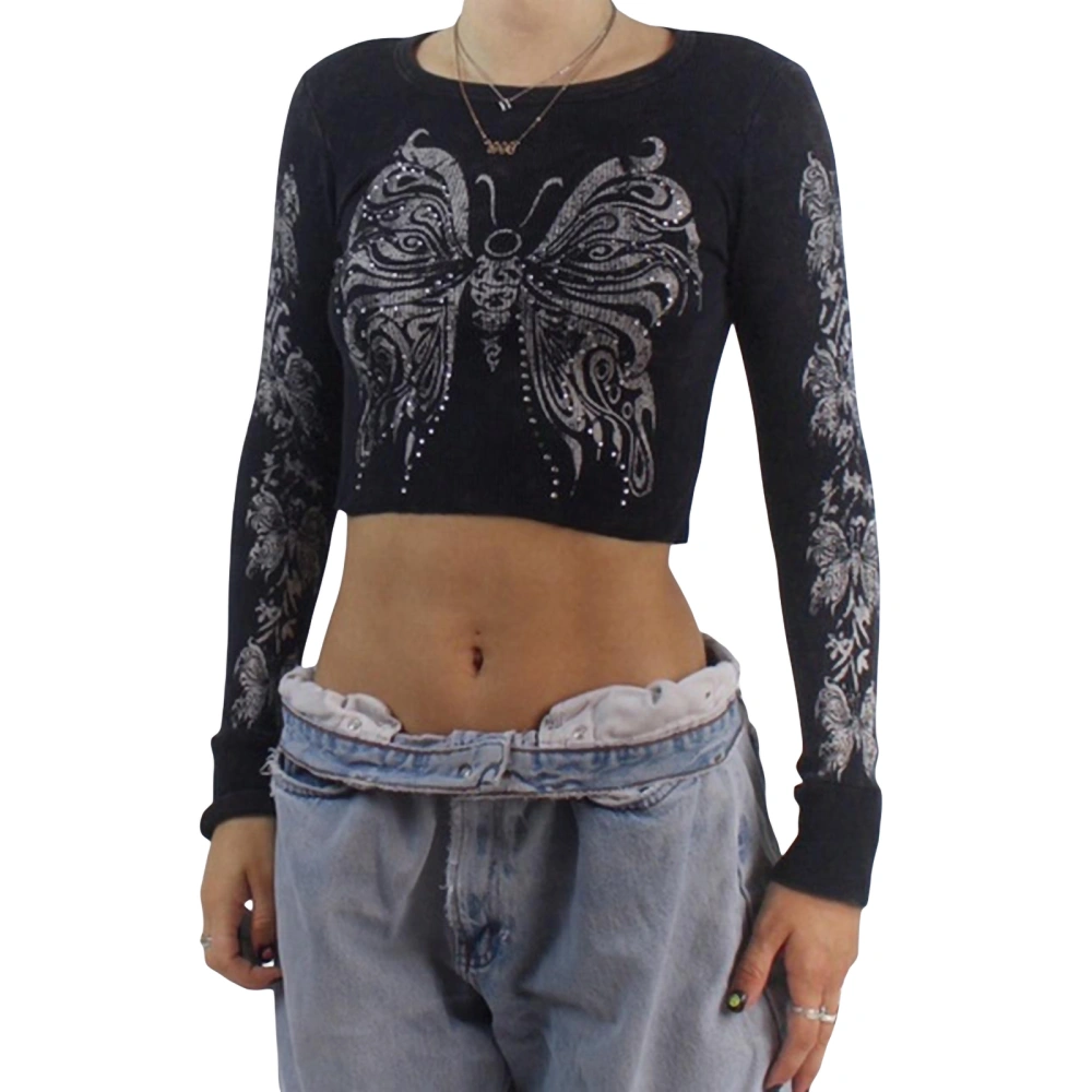 Women Long Sleeve Tops with Butterfly Pattern, Rhinestone Clothing