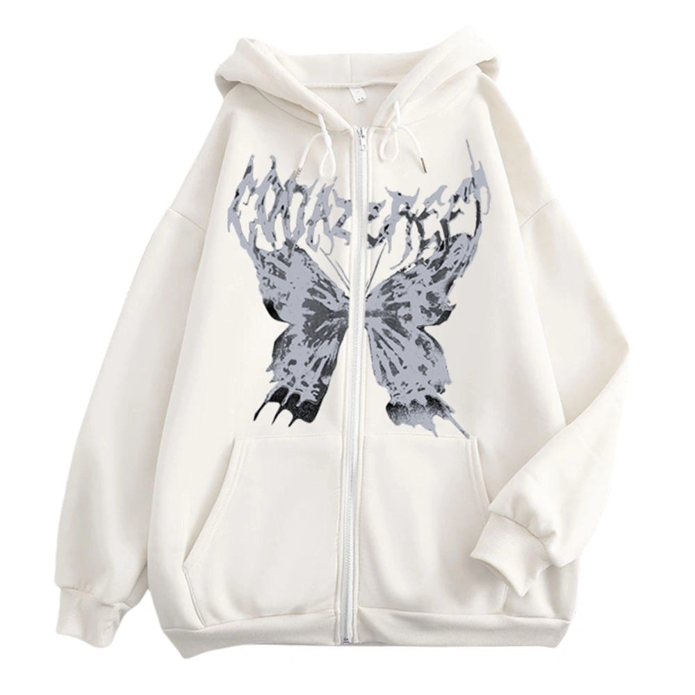 Women Hooded Jacket, Vintage Butterfly Print Zip Up Loose Fit Hoodie