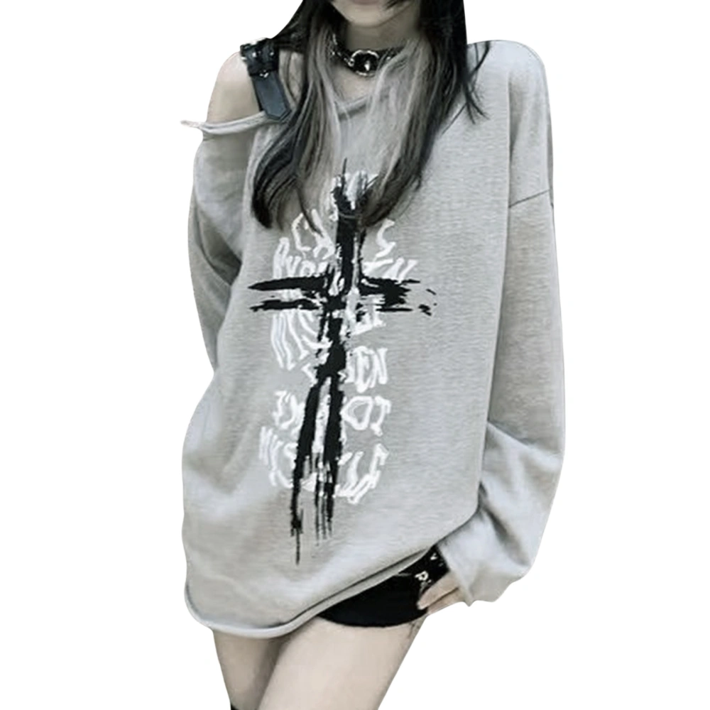 Women Off-shoulder Sweatshirts Punk Style Cross Printed Pullover Tops