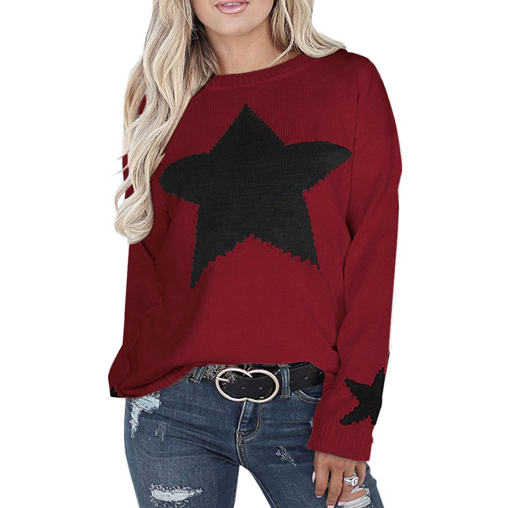 Women Autumn Loose Sweater, Star Print Long Sleeve Crew Neck Knitwear