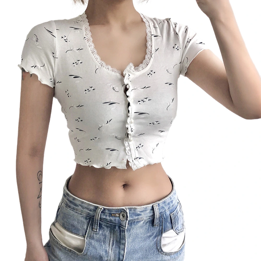 Women Summer Short-Sleeved T-shirt Lace Collar Fashion Print Slim Fit Tops