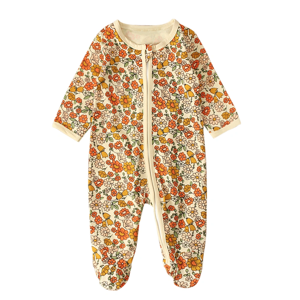 Baby’s Cartoon Floral Zipper Long Sleeve Footed Jumpsuit and Headband