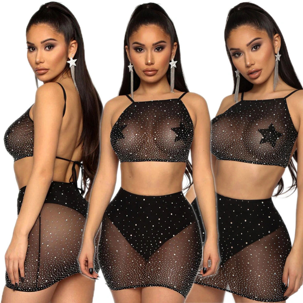 Women See-Through Clubwear Fishnet Bling Bikini Cover Up Sequin Skirt