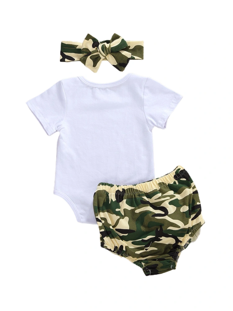 Newborn's 3Pcs Romper Set, Short Sleeve Tops with Camouflage Shorts and Headband