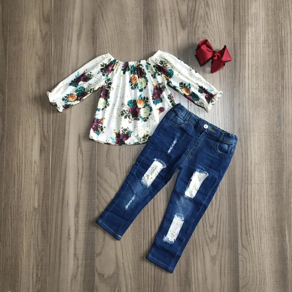 Kids Baby Girls 2-piece Outfit Set Long Sleeve Print Tops+Jeans Set