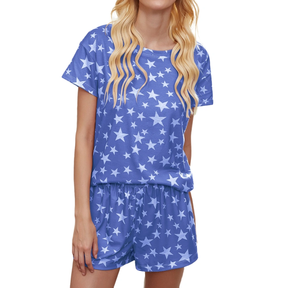 Women Casual Summer Pajamas Suit, Star Printed T-Shirt+Short Pants