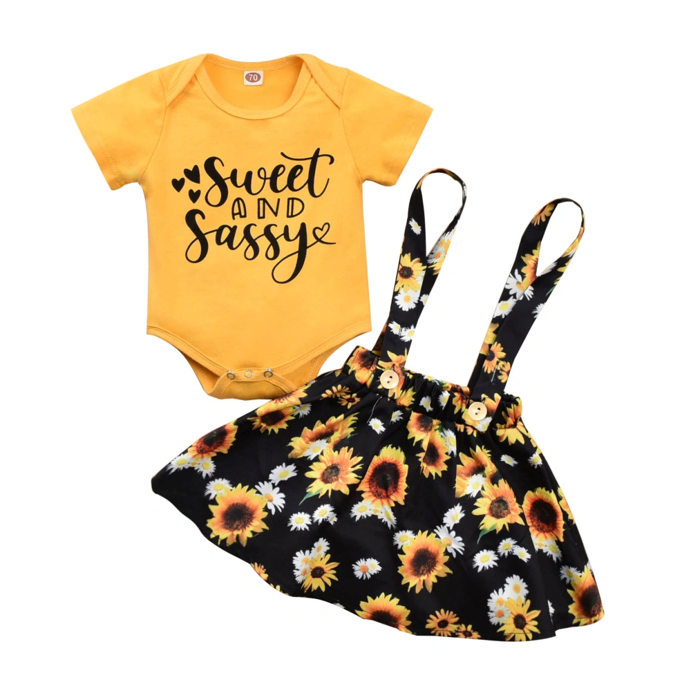 Baby Girl's Yellow Short Sleeve Letter Romper + Sunflower Suspender Skirt