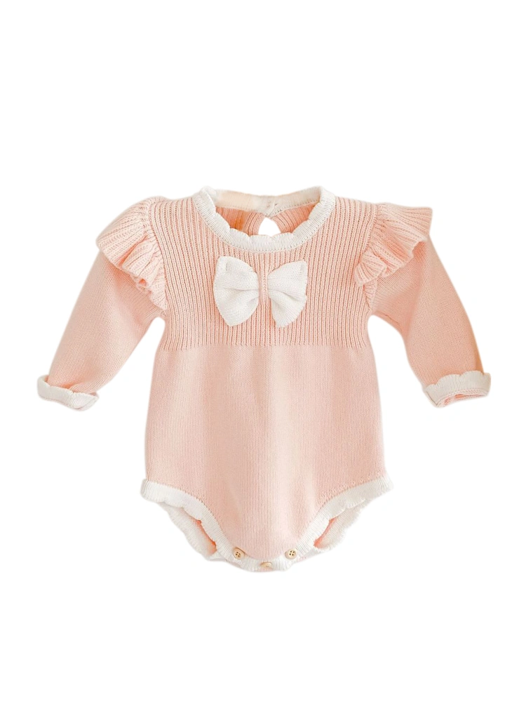 Baby Girl’s Bow Solid Color Long-sleeved Triangle Wrapped Romper