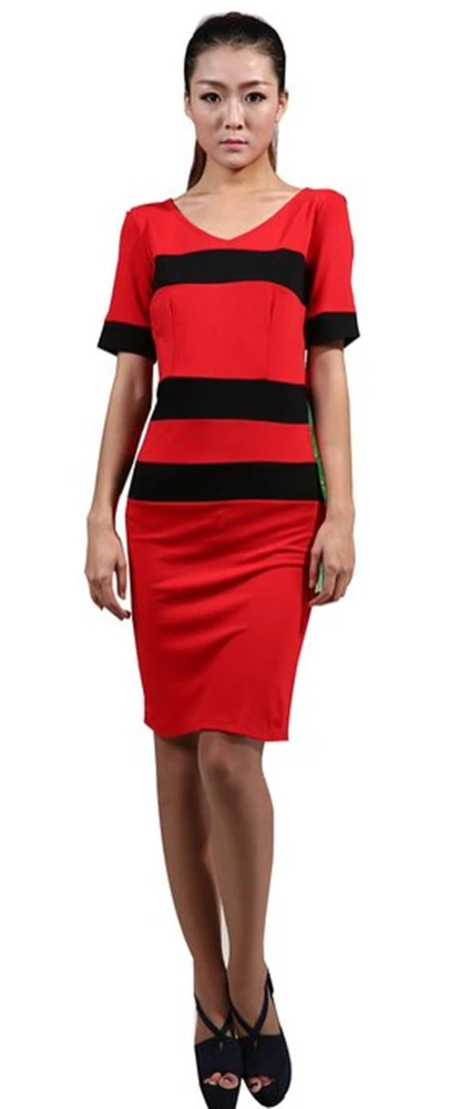 Women Middle-length Sleeve Color Block Dress Fashion V-neck Zipper Dress