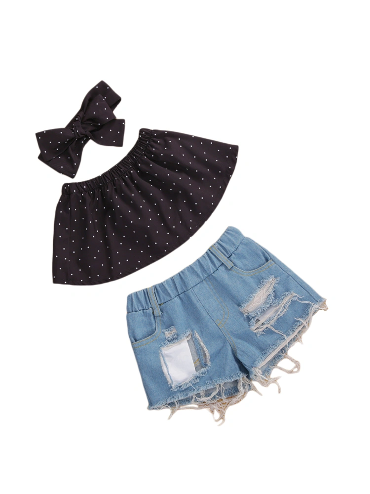 Girls  Off Shoulder Dots Flared Blouse + Ripped Shorts + Headband