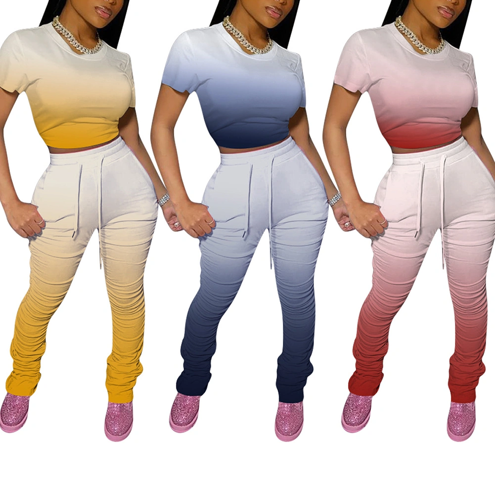 Women Clothes Set, Gradient Color Top and Pleated Long Pants