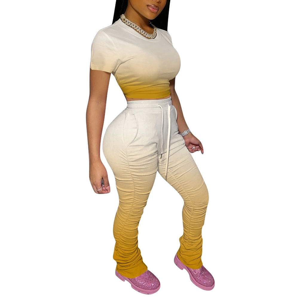 Women Clothes Set, Gradient Color Top and Pleated Long Pants