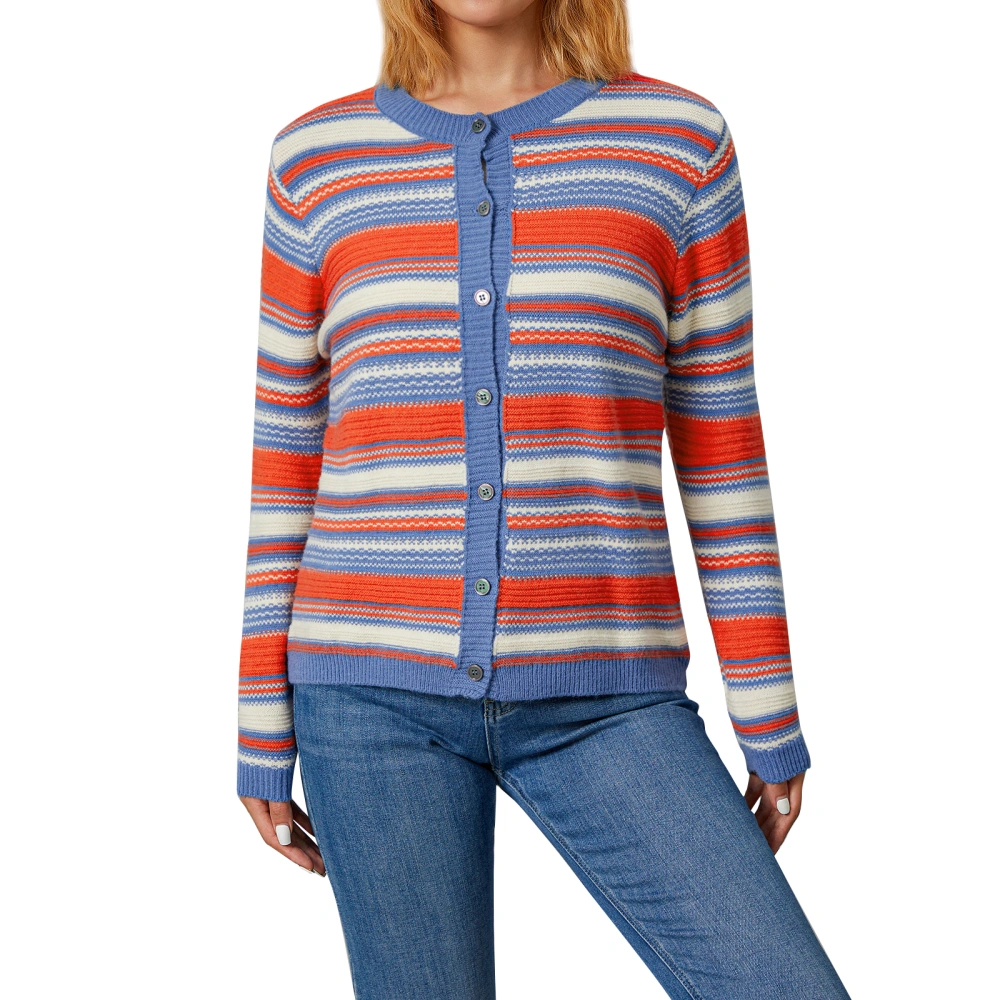 Women Colorful Striped Sweater, Long Sleeve Round Neck Knit Cardigan