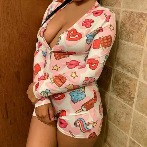 Female Deep V-Neck Jumpsuit, Sexy Button Printing Long Sleeve Romper