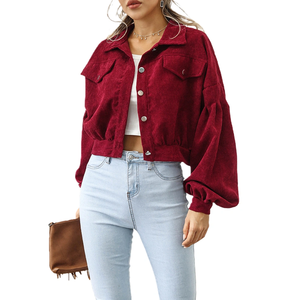 Women Crop Coat Long Sleeve Lapel Buttons Solid Color Short Jackets 