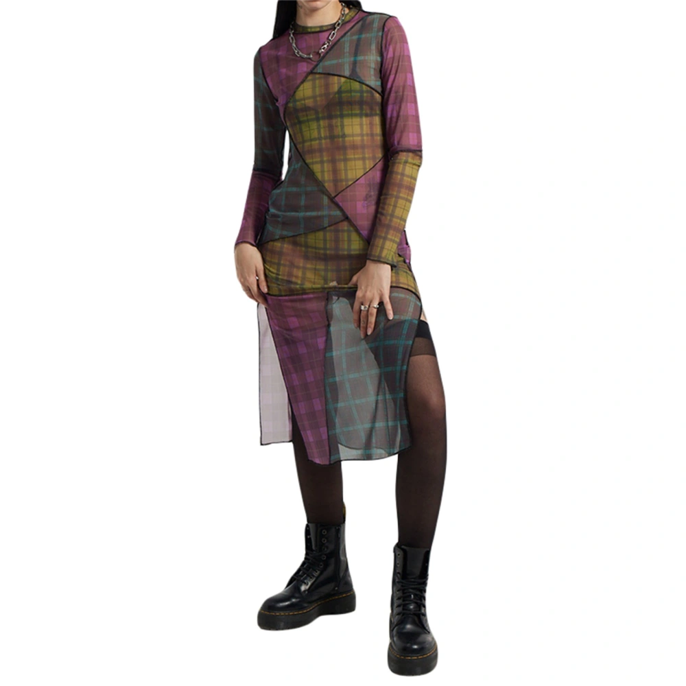 Women's Sheer Mesh Midi Dress, Long Sleeve Patchwork Plaid Print Dress