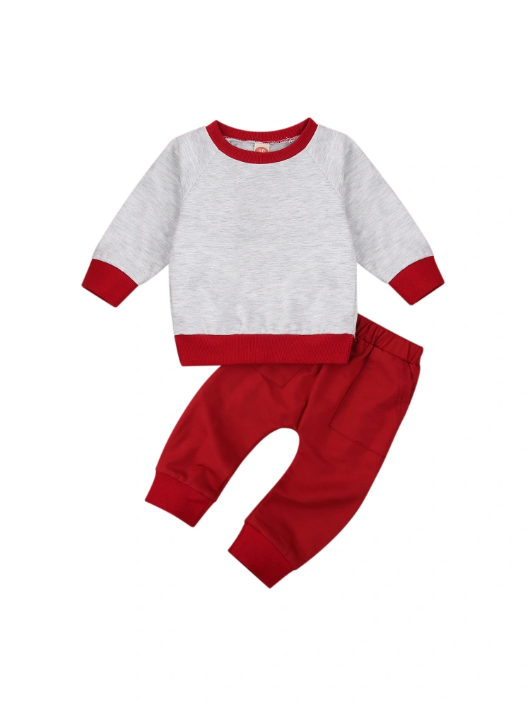 Children Long Sleeves + Trousers, Color Block Casual Suit, Classic Round Neck