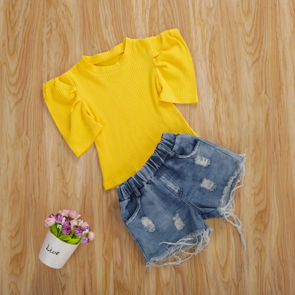 Girls Summer Clothes Set Puff Sleeve Ribbed Knit T-shirt+Ripped Denim Shorts