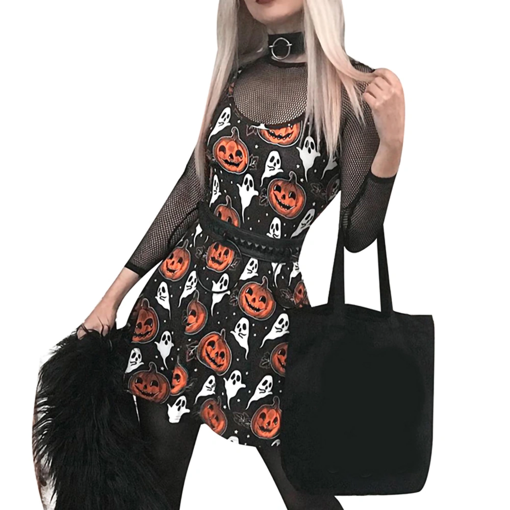 Women Sling Sleeveless U Neck Halloween Pumpkin Print Summer Dress 