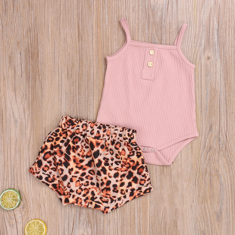 Baby Girls Summer Clothes Set Solid Color Ribbed Knit Romper+Leopard Shorts