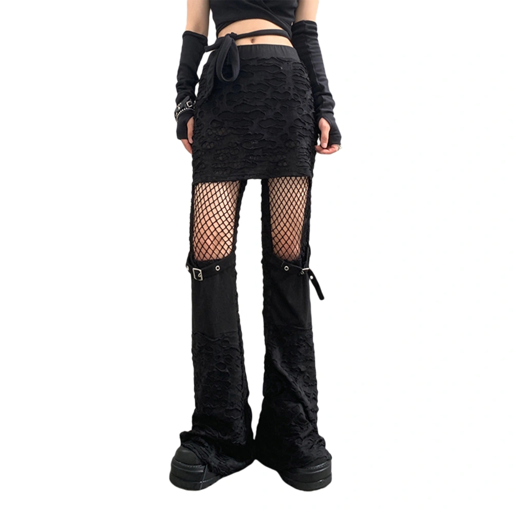 Women Flared Pants Casual Ripped Fishnet Cutout Stretch Trousers