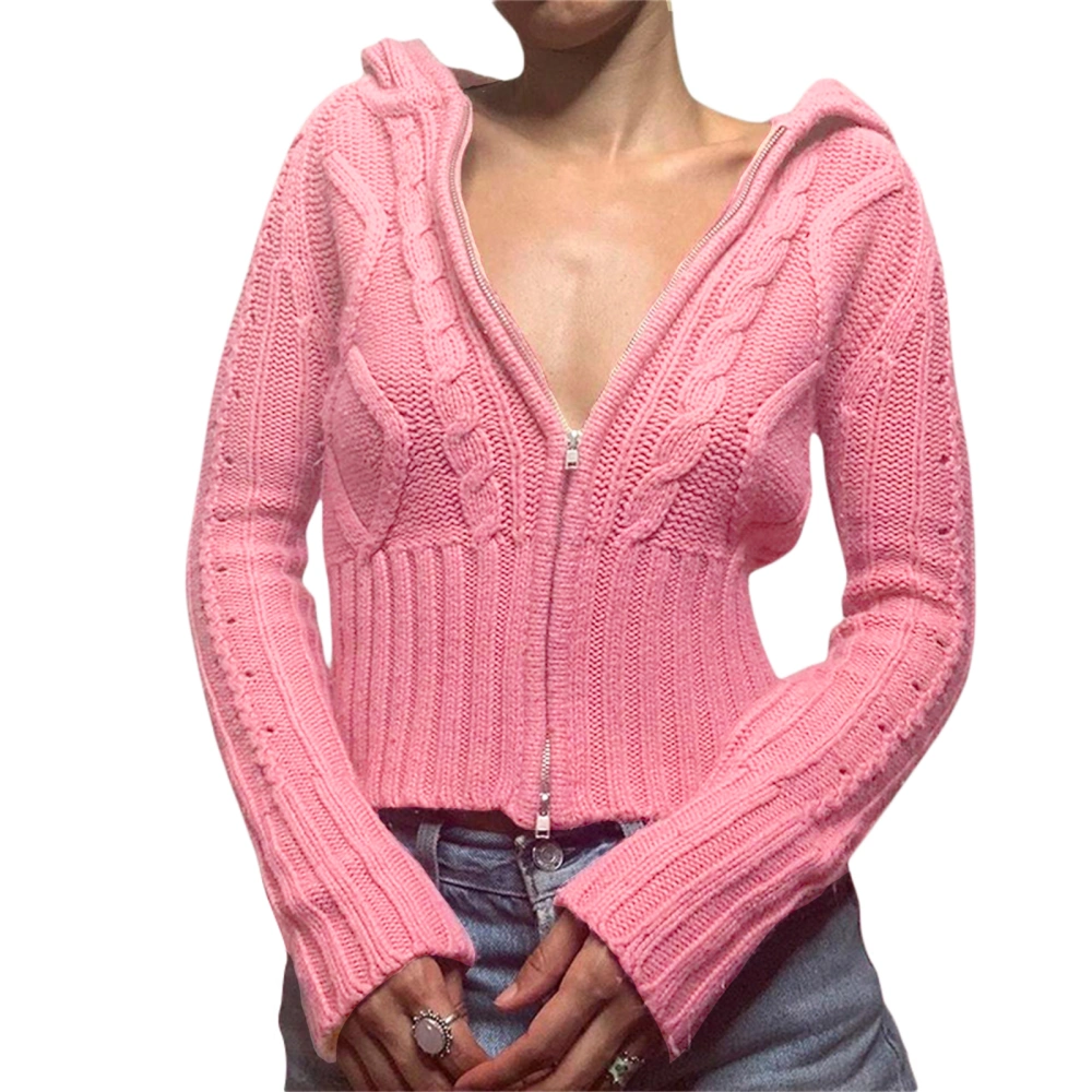 Women's Knitted Tops, Zipper Closure Long Sleeve Hooded Cardigan