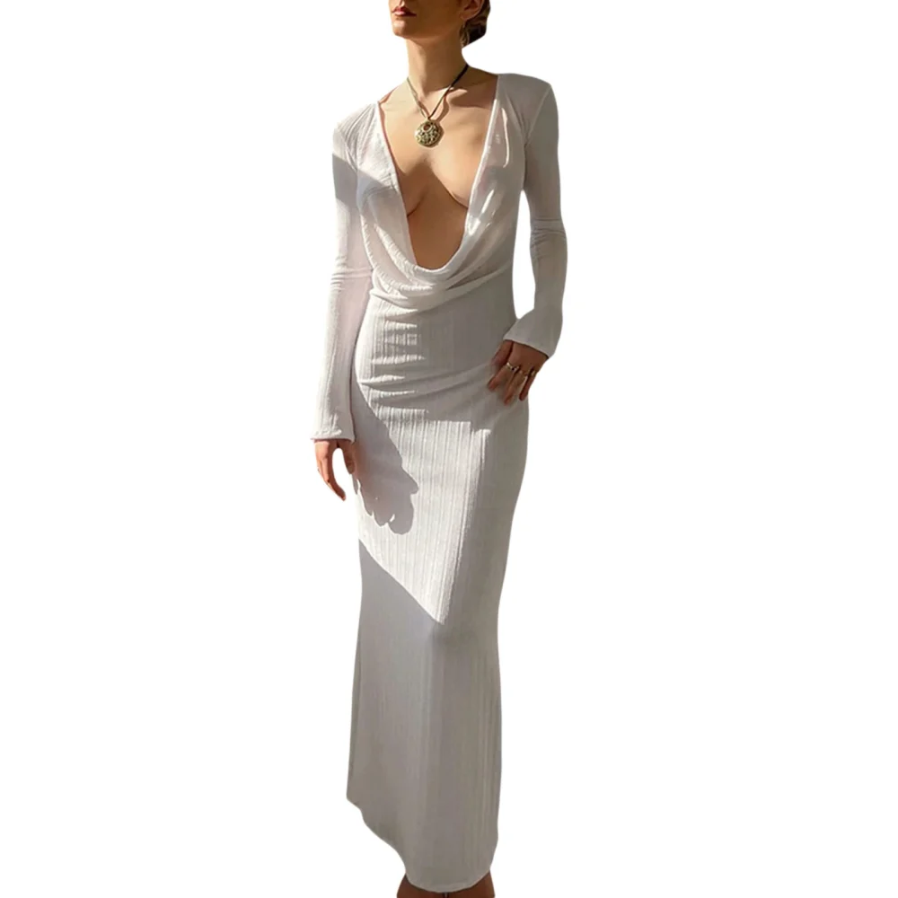 Women Long Dress Solid Color Deep V Cowl Neck Long Sleeve Dress