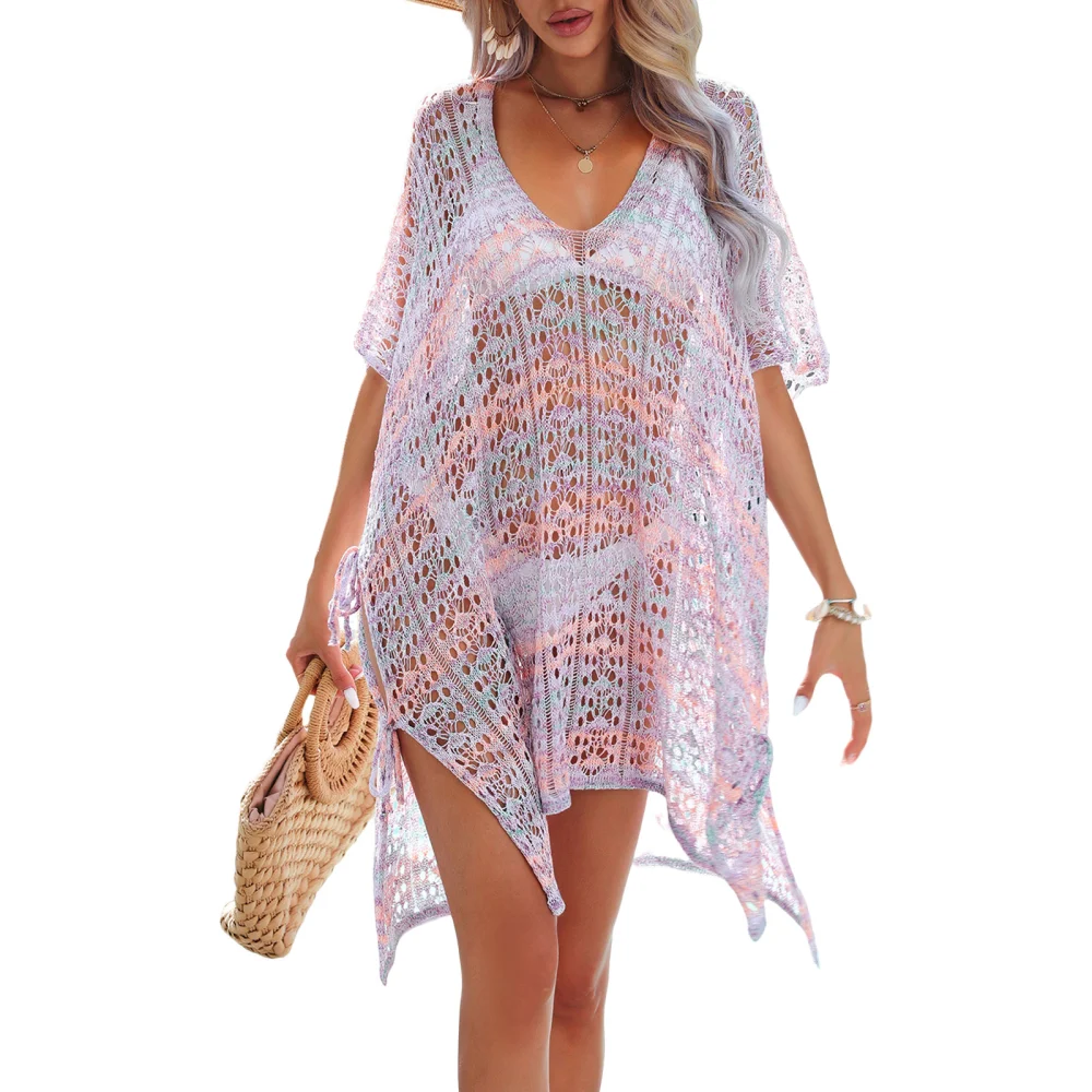 Women Bikini Cover-Ups Contrast Color V-Neck See-Through Mini Dress