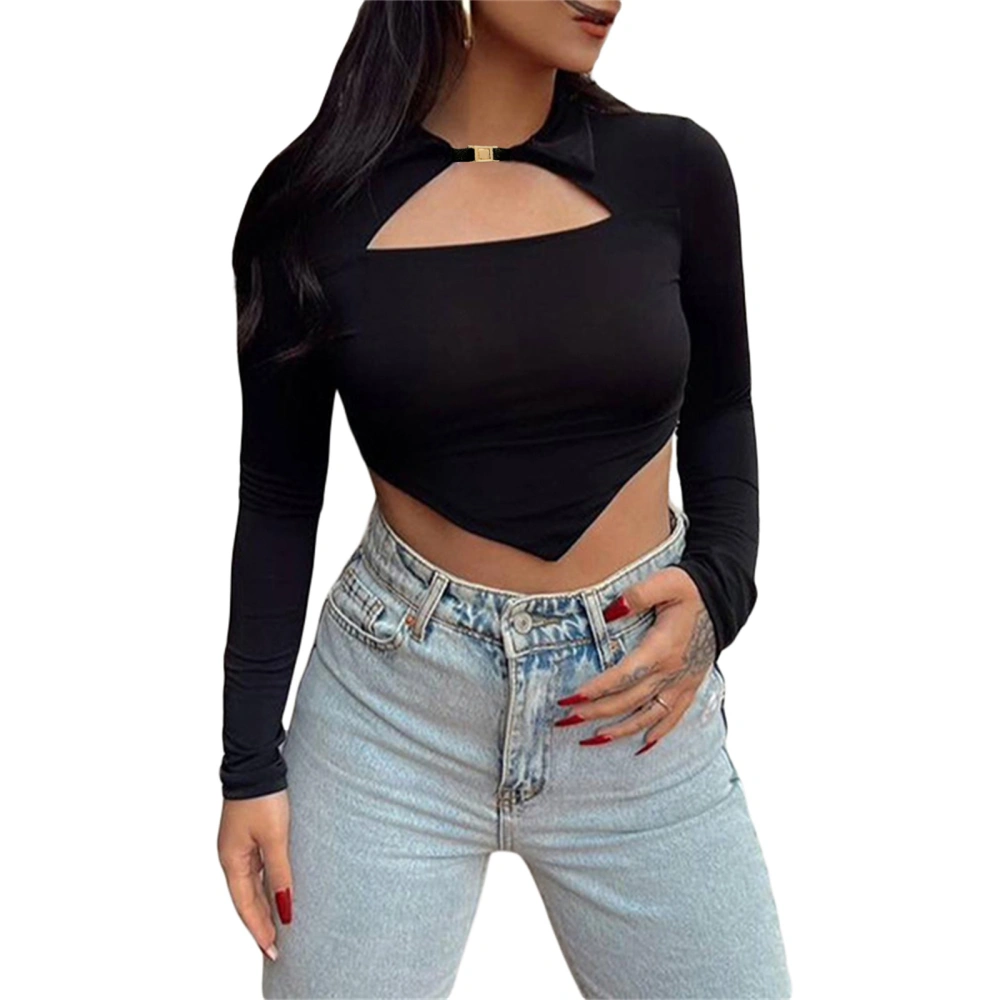 Women Fashion Crop Tops Solid Color Cutout Long Sleeve T-Shirts