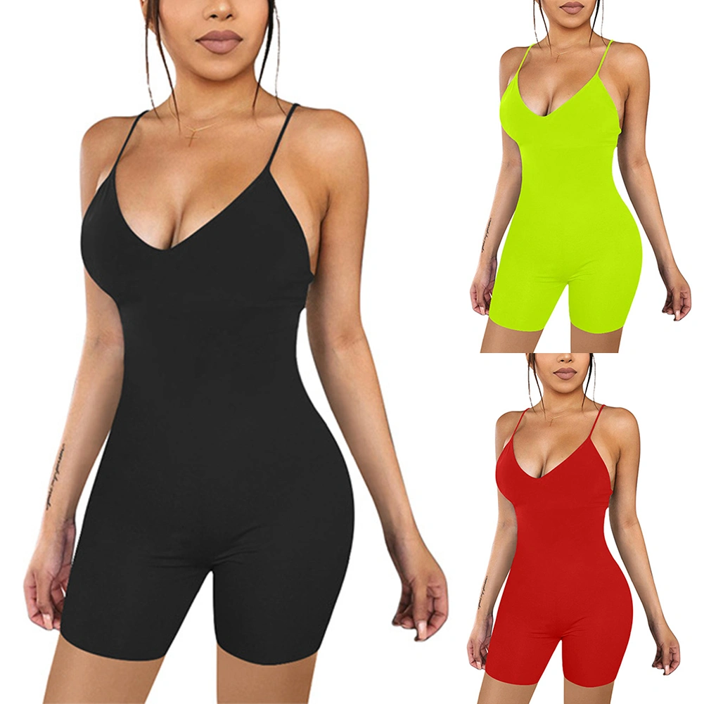Women Summer Bodysuit, Solid-Color Spaghetti Straps V-Neck Jumpsuit