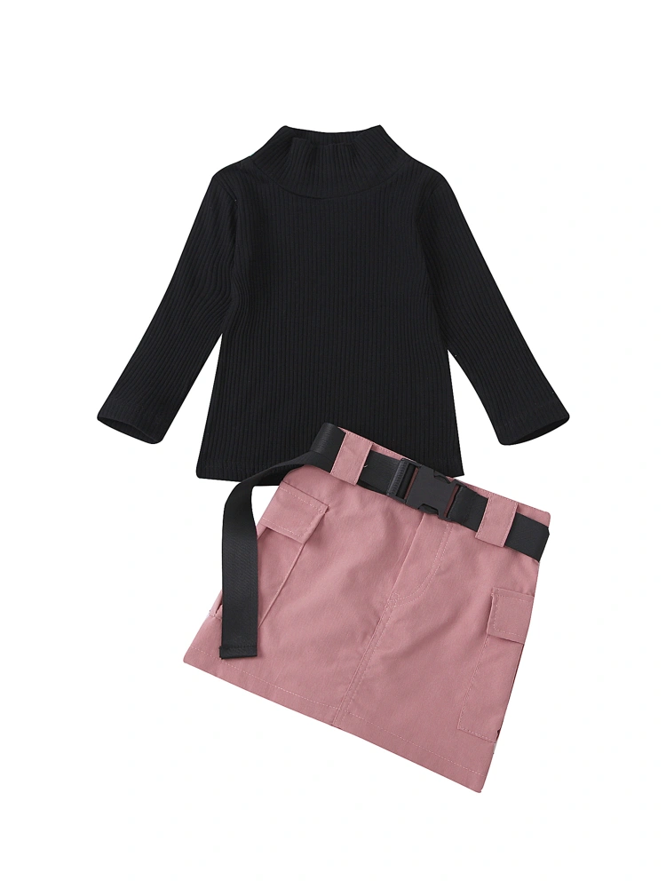 Kid's Skirt Suit, Long Sleeve High Collar Knitted Sweater Short Skirt