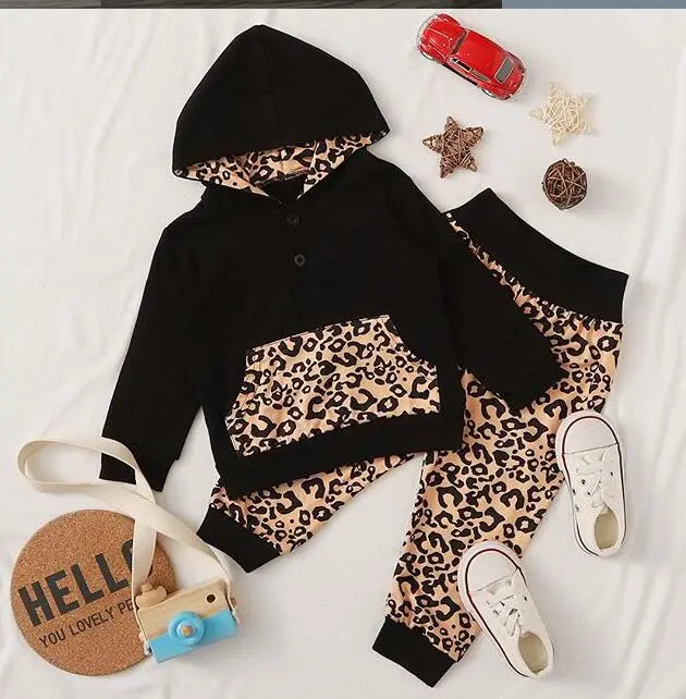 Baby's Leopard Long Sleeve Hooded Tops with Casual Long Pants