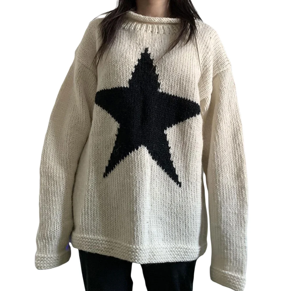 Women Sweater Knit Pullover Long Sleeve Crew Neck Star Winter Tops