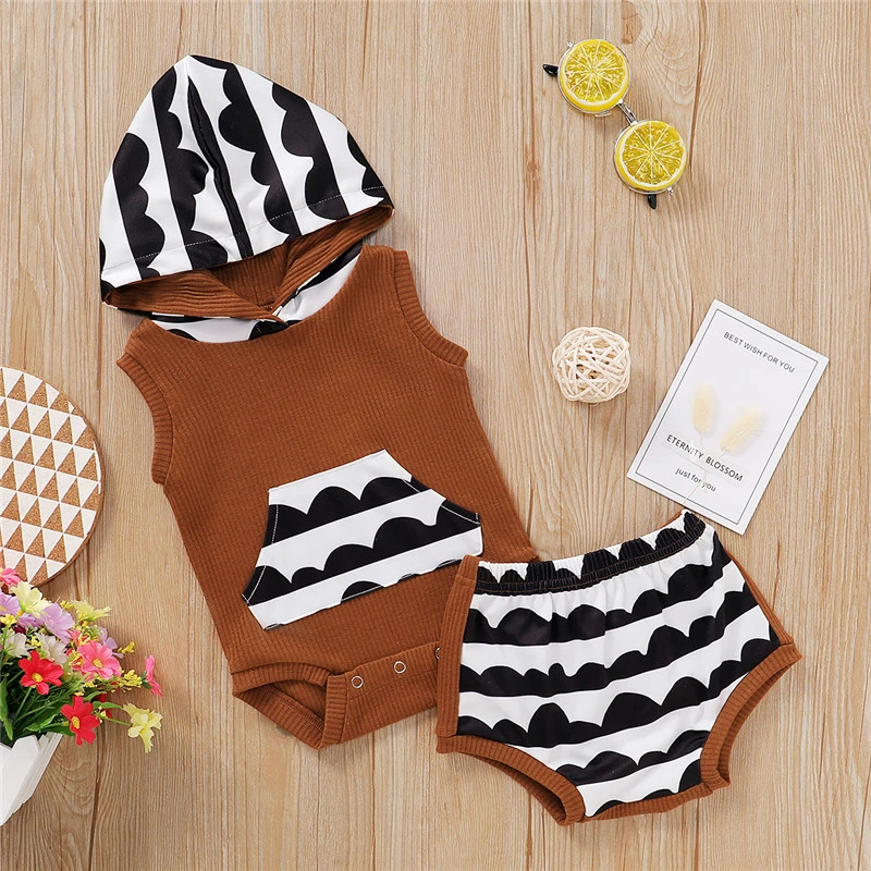 Baby Boy Girl Clothes Set, Sleeveless Hooded Romper + Triangle Shorts