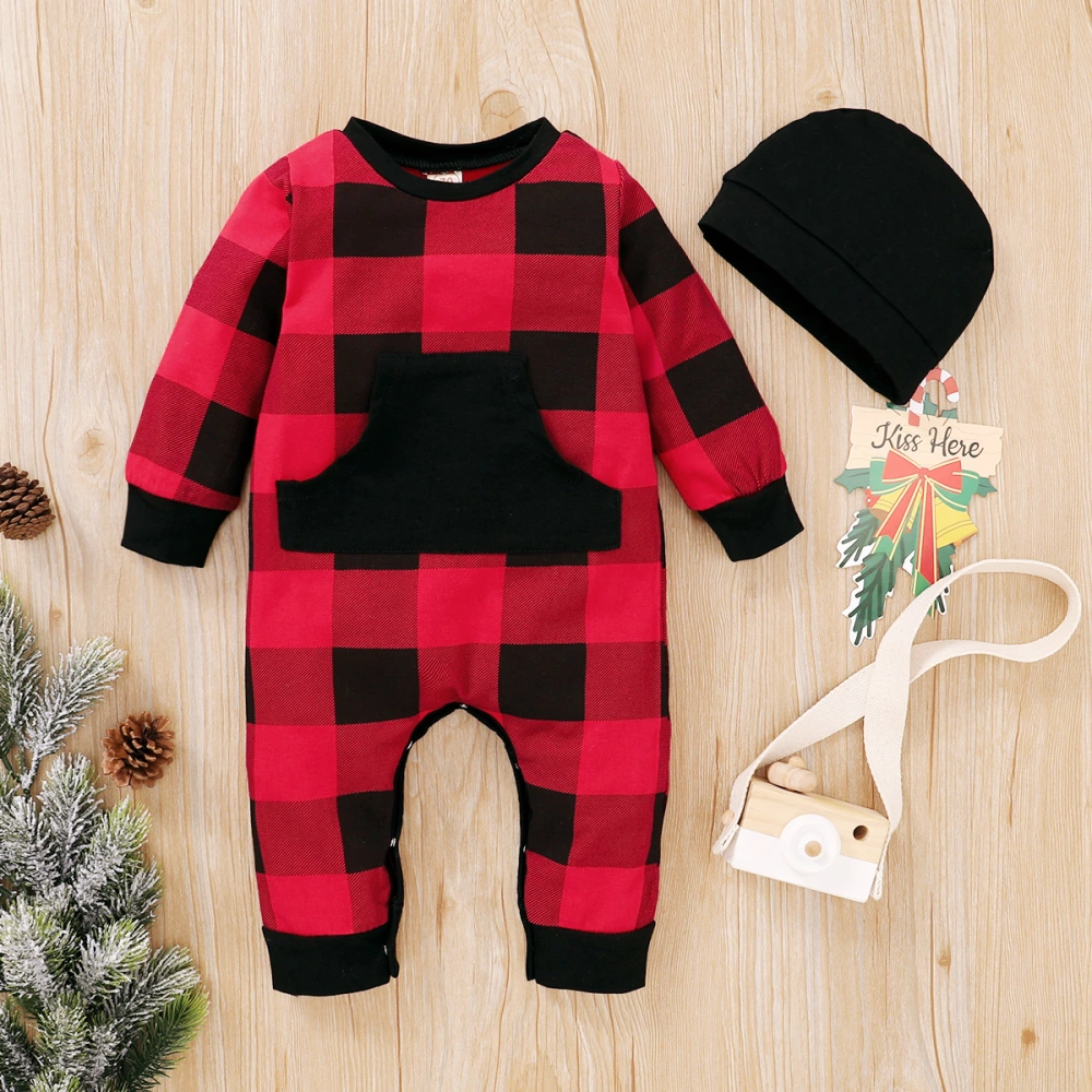 Toddler Baby Romper, Long Sleeve Round Neck Plaid Bodysuit+Solid Hat