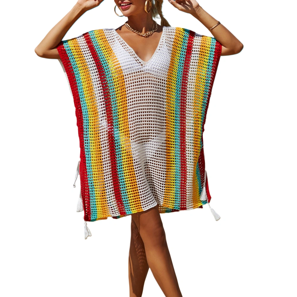 Women's Summer Short Sleeve V Neck Colorful Striped Beachwear