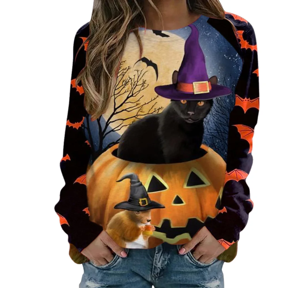 Women Halloween Sweatshirt with Cartoon Print, Casual Loose Costume