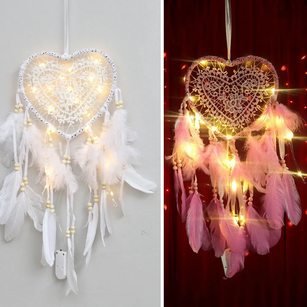 Wall-mounted Heart-Shape Dream Catcher Handmade Feathers Hollow Out Wind Chimes