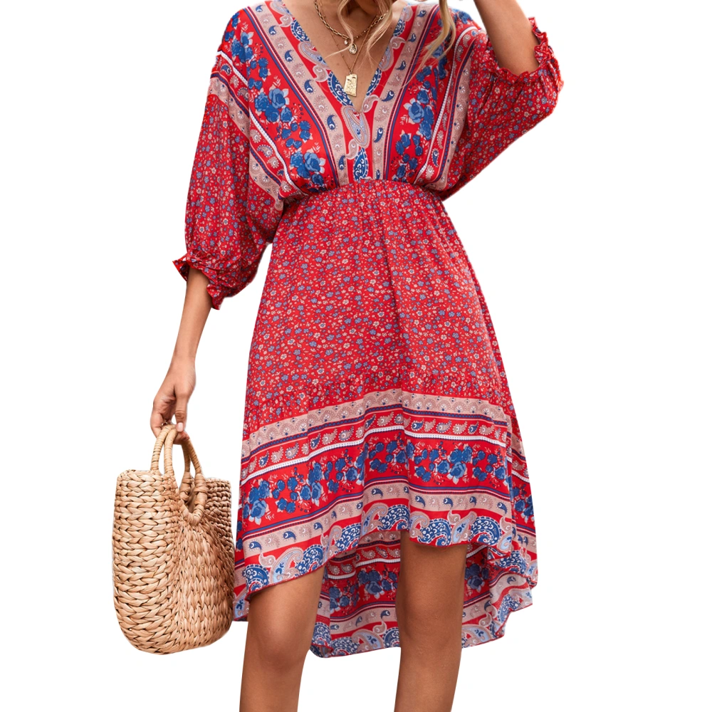 Women Retro Half Sleeve Floral Irregular V Neck One-Piece Dress