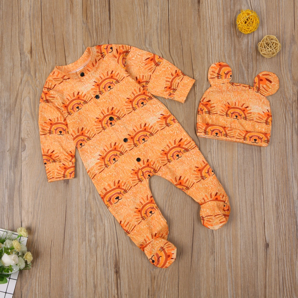 Infant Two-piece Clothes Set, Orange Round Collar Jumpsuit and Cap