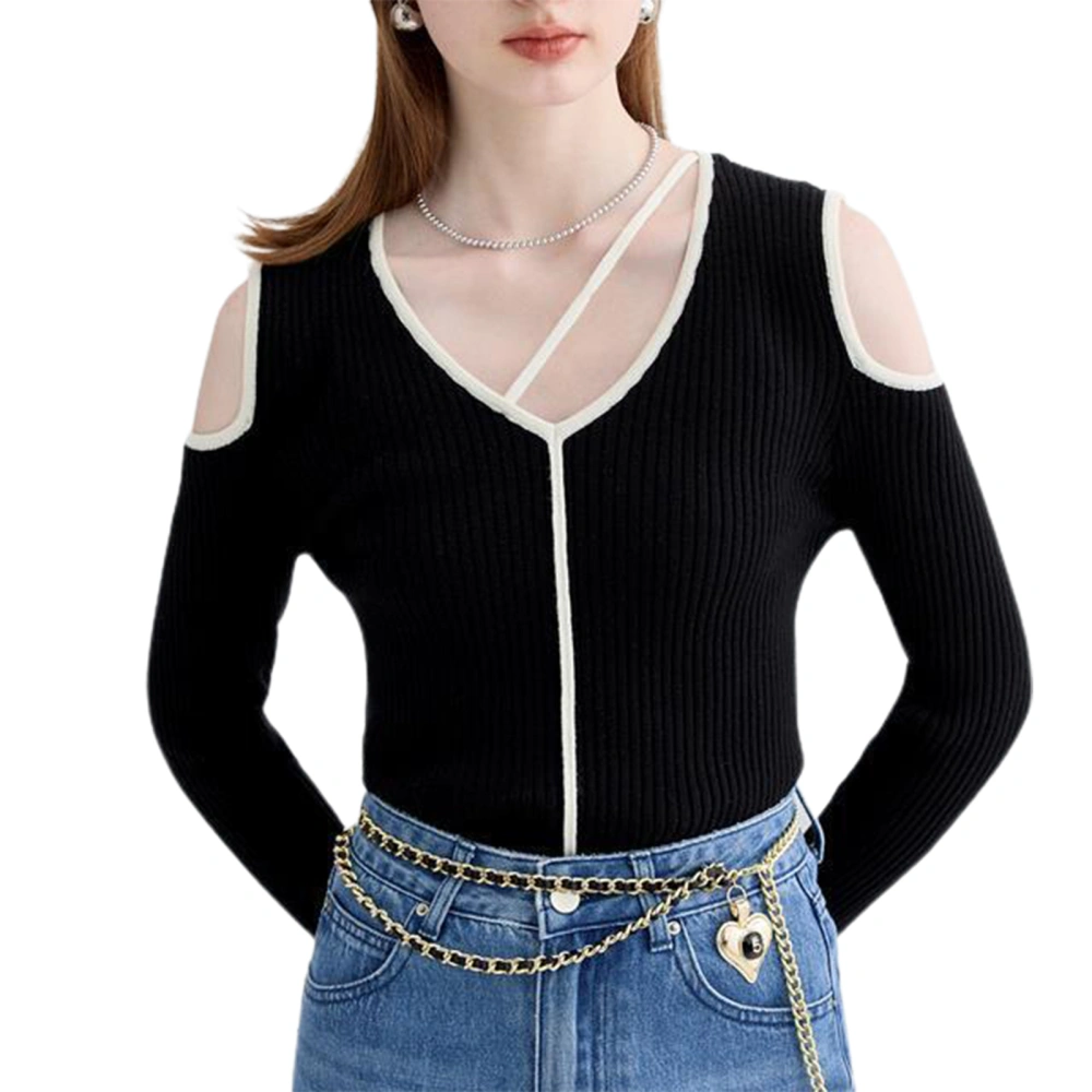 Women Knitted Tops Contrast Color Patchwork Cold Shoulder Shirts