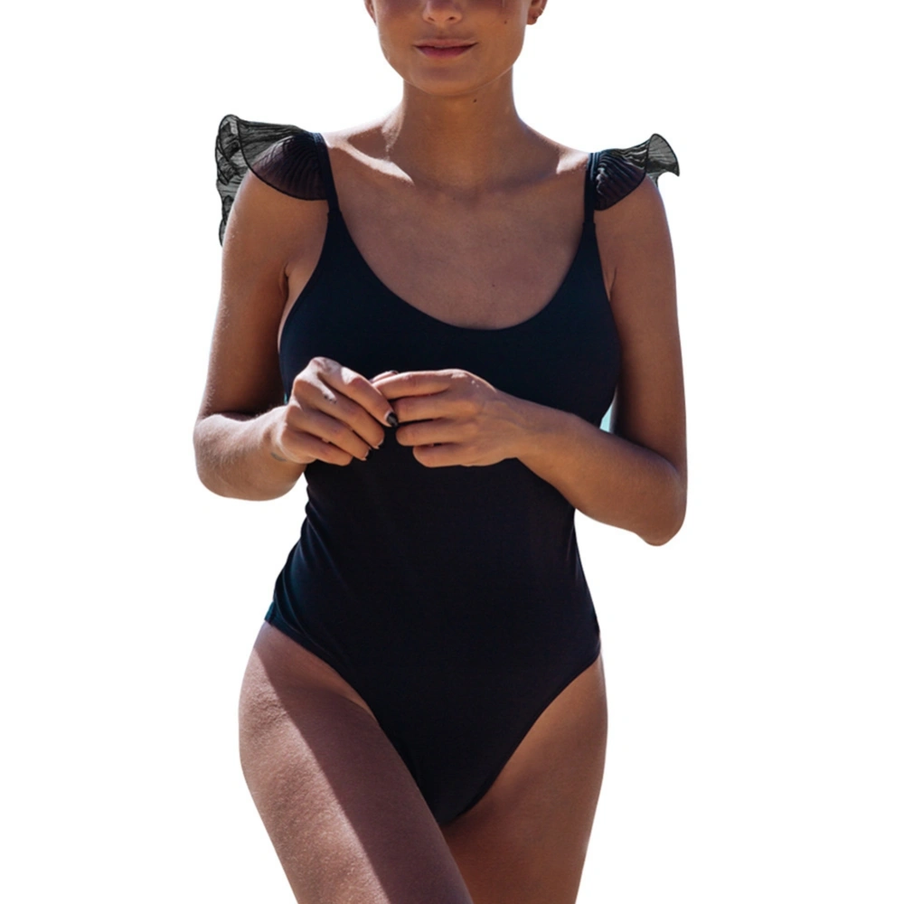 Women One Piece Swimsuit Ruffle Straps Solid Swimwear Beachwear