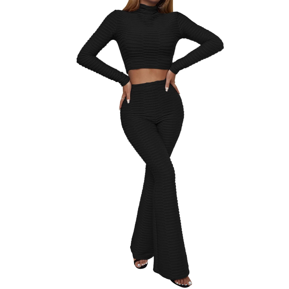 Women 2PCS Outfits, Plain High Collar Crop Tops + Long Flared Pants