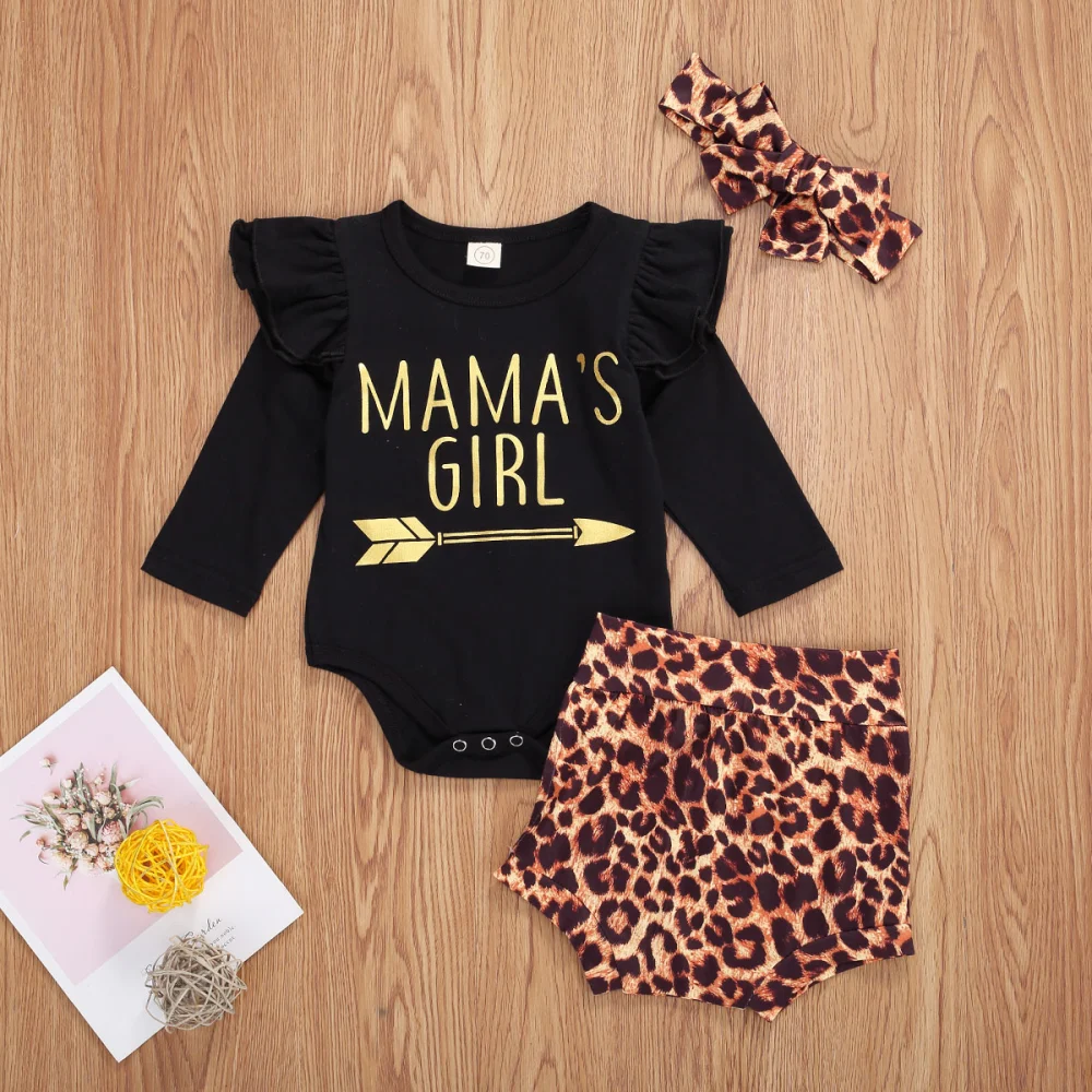 Girl's Black Letter Print Romper + Leopard Print Shorts + Headband